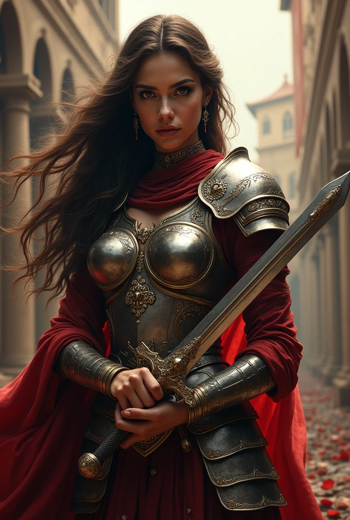 an ancient roman lady in armour, with a sword, in the style of unreal engine 5, dark atmosphere, city portraits, charming illustrations, kushan empire, romantic use of light, blink-and-you-miss-it detail