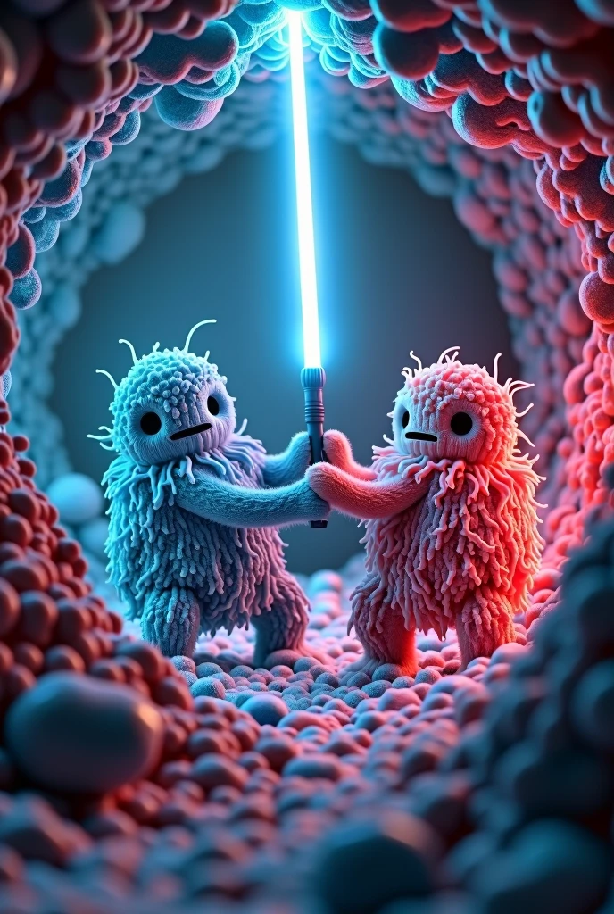 Create a living organism inside a fat cell, fighting for space and both with lightsabers.