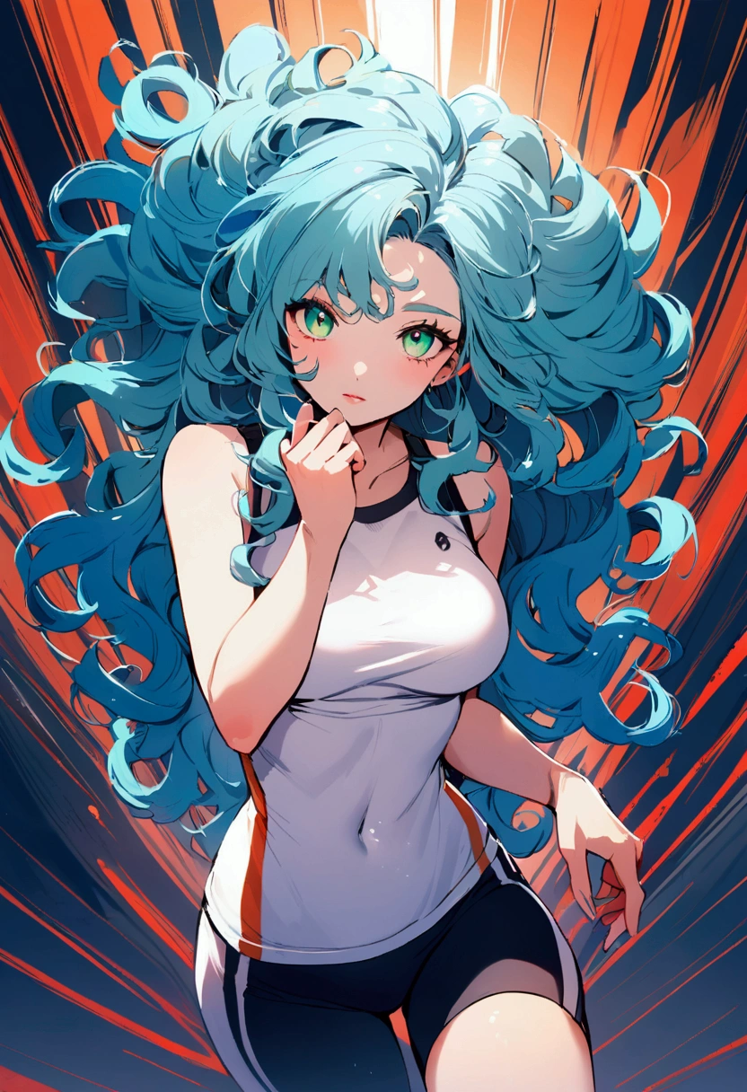 Girl with long blue curly hair and green eyes, workout outfit