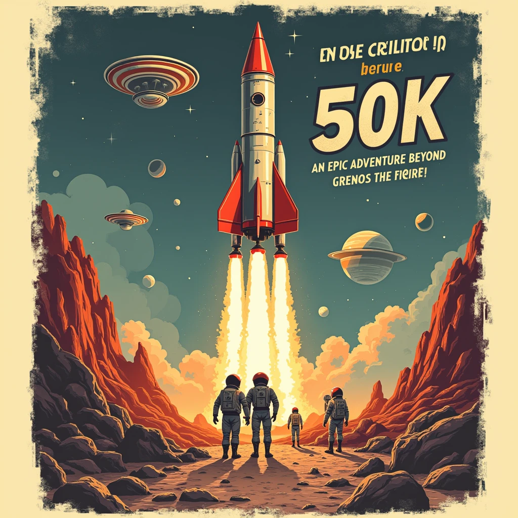 A retro-inspired t-shirt design mimicking a (1950s sci-fi movie poster saying "50K", "THANK YOU!", "OBRIGADO!", "GRACIAS!", "GUSTAVO YABAI"). It features a classic rocket ship launching from an alien landscape with flying saucers, astronauts, and a ringed planet in the background. The title is in bold, vintage-style typography with a catchy tagline, "An Epic Adventure Beyond the Stars!". The colors are muted and slightly faded to give an aged, nostalgic feel, with distressed effects for a worn, vintage look