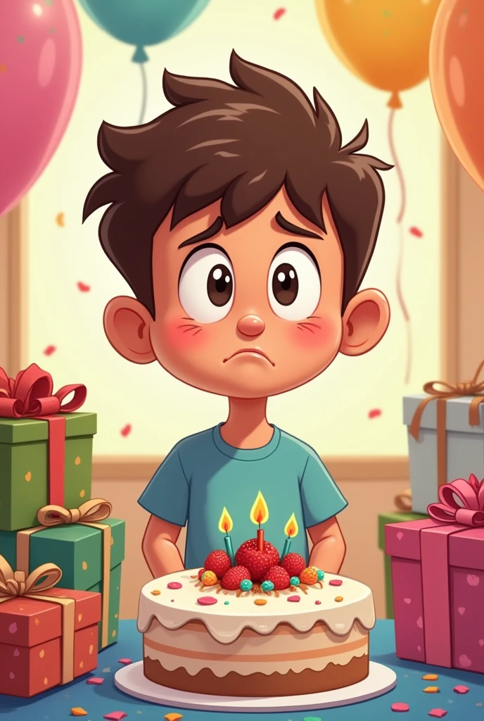 Cartoon of a boy disappointed by receiving gifts and cake