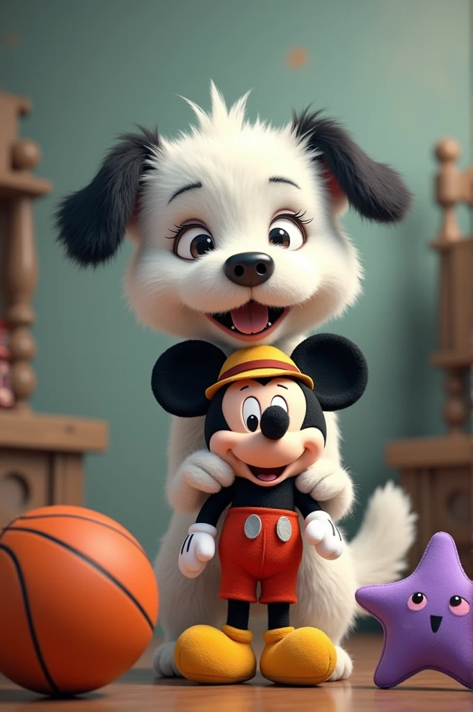 White dog with only one black ear holding a stuffed Mickey Mouse dressed as a hunter plus a basketball and a stuffed purple star