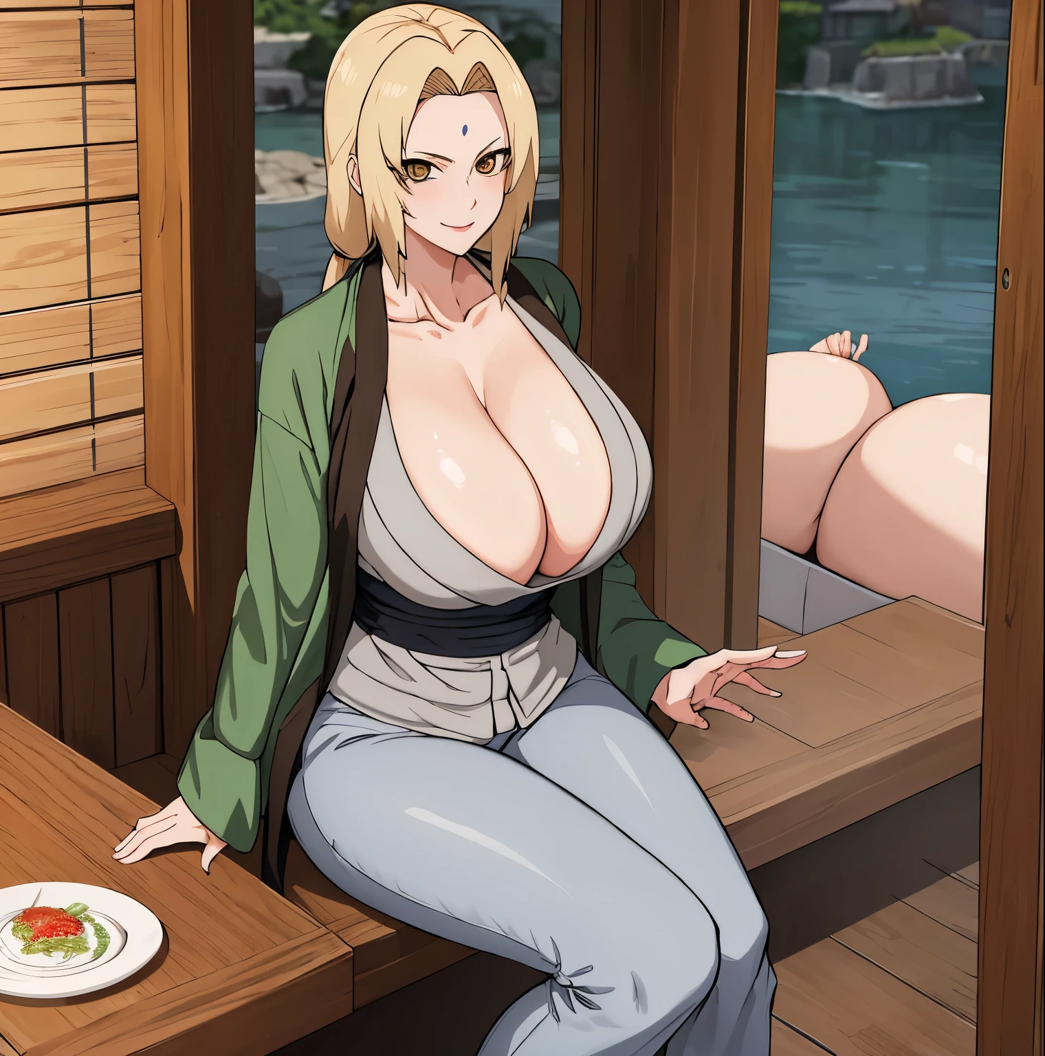 1girl, alone, tsunade senju, masterpiece, sitting, restaurant, on the table, naughty face, breasts out, green coat, beautiful, blonde hair, brown eyes, huge breasts, medium waist, wide hips, medium thighs in, perfect eyes , cinematic lighting, tsunade, mature woman, assertive woman, separated breasts, looking at viewer, head-on, focus on breasts, seductive smile, gray pants, flashing, shirt pull, perfect anatomy, perfect hands