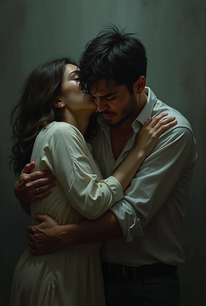 A person crying in despair with a person in their arms 
