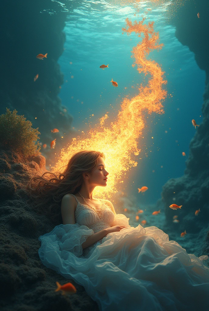 Beautiful girl Sleeping under the ocean and eating fire