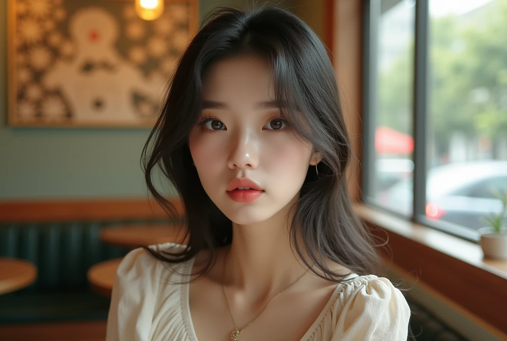 a beautiful korean idol woman, sitting in a cafe, wearing a trendy dress, detailed eyes, nose and lips, beautiful detailed face, long eyelashes, white skin, insanely detailed, bloom, highest quality, analog, high sharpness, detailed pupils, masterpiece, best quality, highly detailed photo, photographed by canon eos r6, 135mm, 1/1250s, f/2.8, iso 400, realistic, 8k, masterpiece, looking at the viewer, detailed, multi-layered cutout paper art style wall decorations, natural lighting in the room