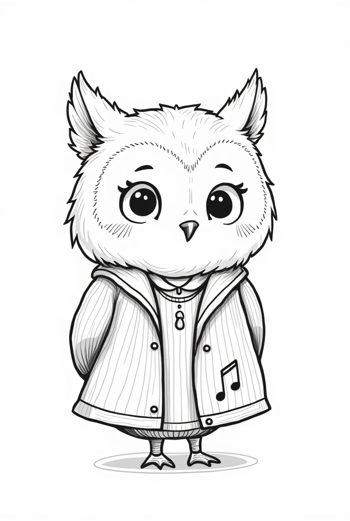 an owl, , kind, in teacher's clothes, with design and very simple with few lines, blank, for coloring, who appears to be very wise and has something in her clothes that reminds her of musical education. I want lines as if they were children's drawings.. Something very simple and bottomless. Delicate and cute drawing. more feminine. É for coloring. Cannot have backgrounds or color. It's all black and white.