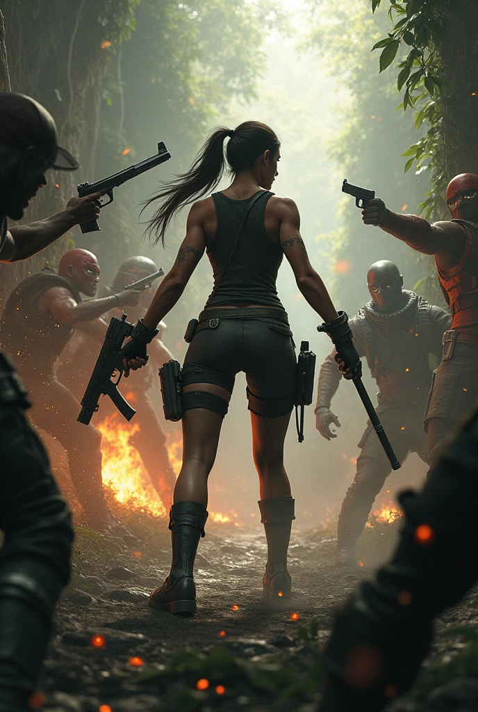 LARA CROFT FIGHTING HER ENEMIES.
