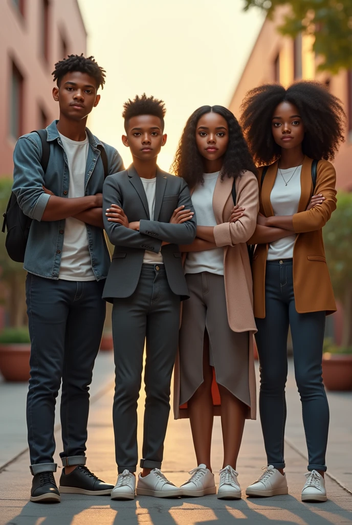 (photorealism:1.2), portrait picture of two black teenage boys and two black teenage girls, standing beside one another, properly dressed, they cross their arms, outdoor, university setting, bright illumination, realistic, intricate details, warm colors.