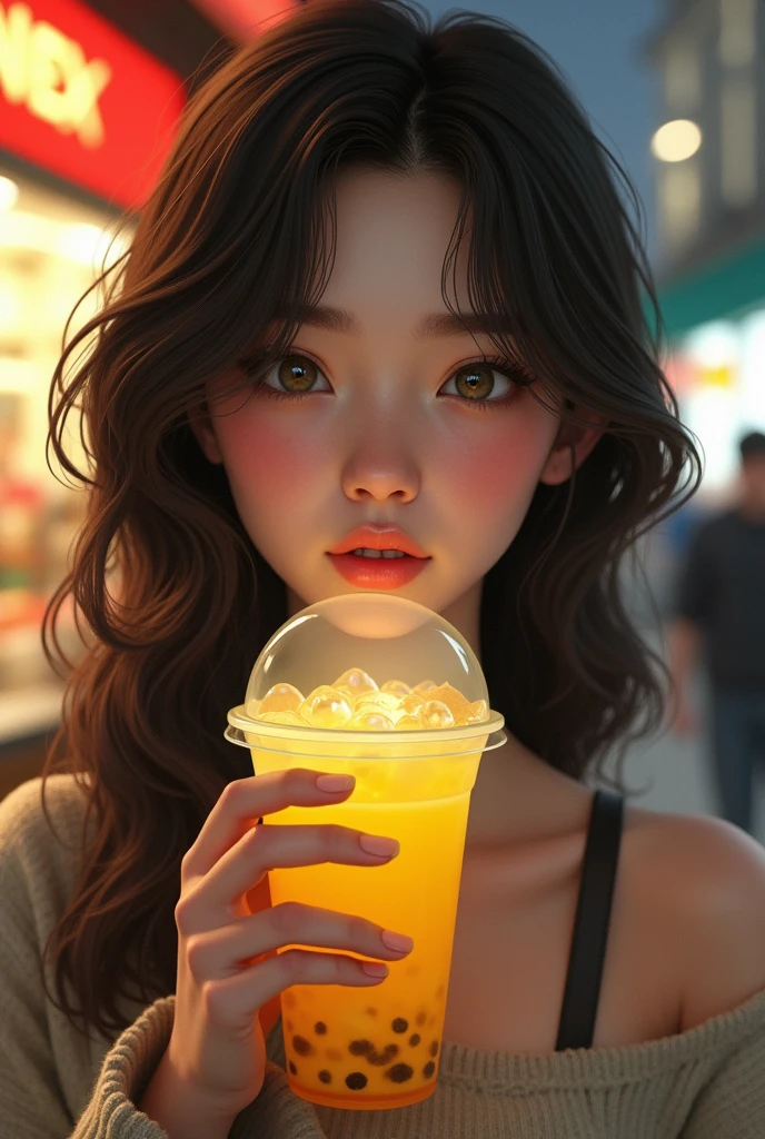 high resolution, masterpiece : 1,2), (realistic : 1,37), (best quality, high resolution, ultra-detailed girl, realistic) Fille aux yeux marrons verts (noisettes) and very dark brown, wavy hair. Elle tient dans sa main un bubble tea jaune. On voit derrière elle des magasins mais il sont floutes. Sa peau est métis, elle habite en France elle n'est pas chinoise.