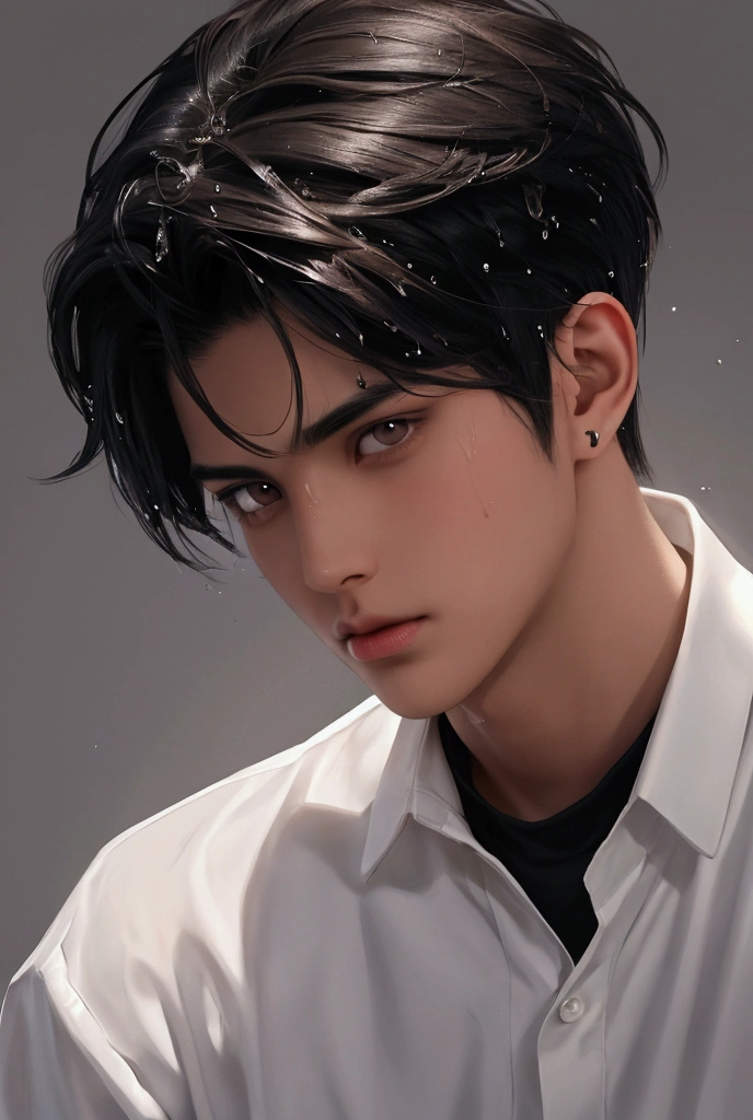 Black haired boy with brown eyes and boobs, headphones,wet hair, short hair, Brown eyes 