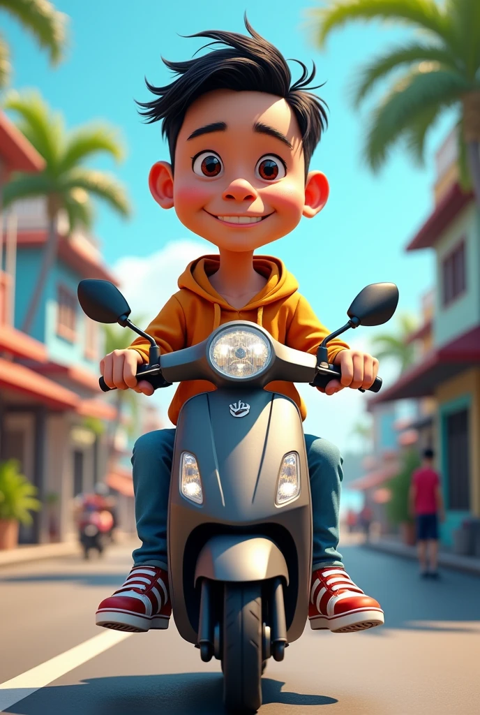 a 4D caricature of Indonesian man with short hair, wearing a hoodie and sneakers, riding an automatic scooter near a beach Indonesian street background, hyper-reallistic, high contrast, high color effect, 8K, detail, focus