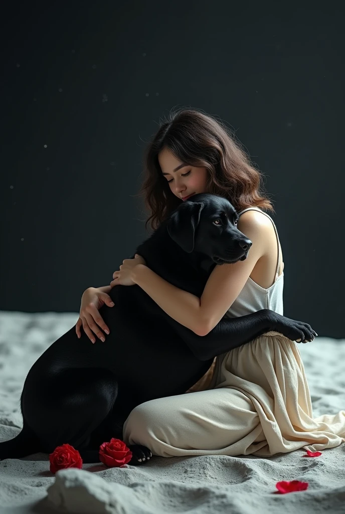 Tattoo ideas of a woman and her black labrador dog sitting on the moon hugging each other with a rose 