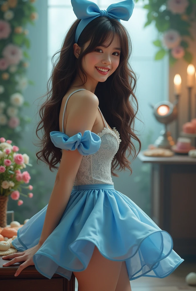 Brunette influencer, dress as Alice in Wonderland outfit, short blue dress, panties, bow in hair, cute smile