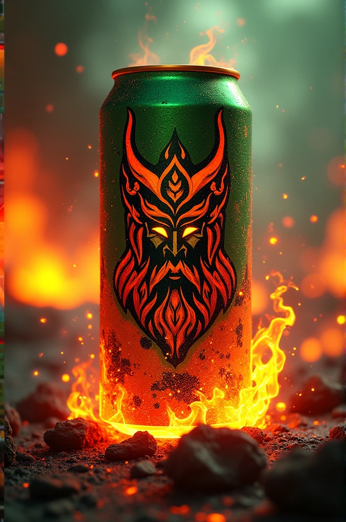 Vulcano black brand energy drink,green,red,yellow referring to the God of fire with slogan energy drink 