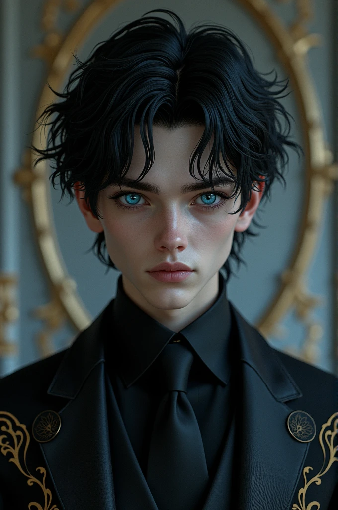 A young prince with black hair, blue eyes, a frightening look, and a beardless face.