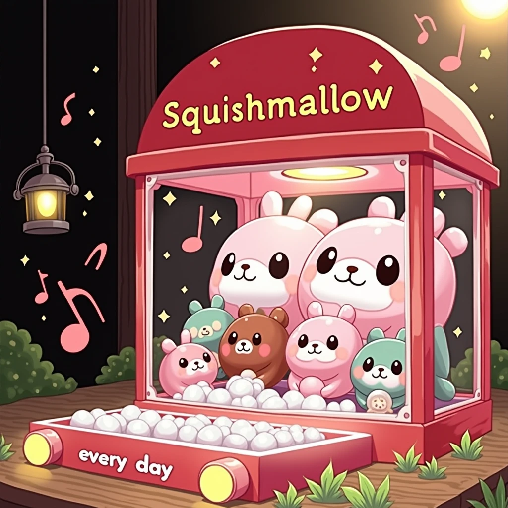 The image shows a cartoon-style claw machine. The machine is predominantly red, with a transparent front, and on the top, it says “Squishmallow” in yellow letters. Inside the claw machine, there are several cute Squishmallow plush toys that resemble animals, such as bears. The Squishmallow toys have big eyes and smiling faces, giving them a friendly appearance. Around the machine, there are floating musical notes and twinkling lights that add to its playful charm. The words “EVERY DAY” are visible on the bottom of the machine in white letters on a pink background. This image is interesting because it depicts a fun scene that may appeal to children or people who appreciate cute aesthetics. 🍓🧸✨