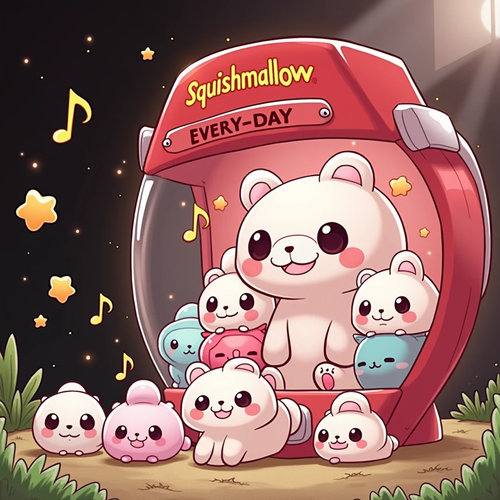 The image shows a cartoon-style claw machine. The machine is predominantly red, with a transparent front, and on the top, it says “Squishmallow” in yellow letters. Inside the claw machine, there are several cute Squishmallow plush toys that resemble animals, such as bears. The Squishmallow toys have big eyes and smiling faces, giving them a friendly appearance. Around the machine, there are floating musical notes and twinkling lights that add to its playful charm. The words “EVERY DAY” are visible on the bottom of the machine in white letters on a pink background. This image is interesting because it depicts a fun scene that may appeal to children or people who appreciate cute aesthetics. 🍓🧸✨