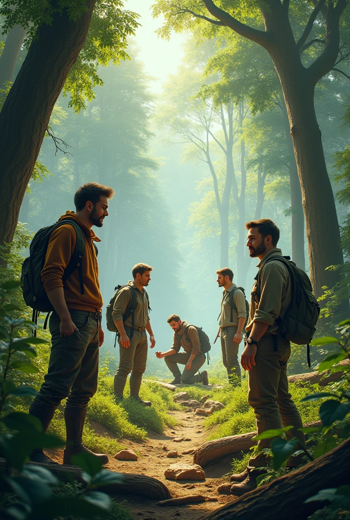 Men wearing things in a forest