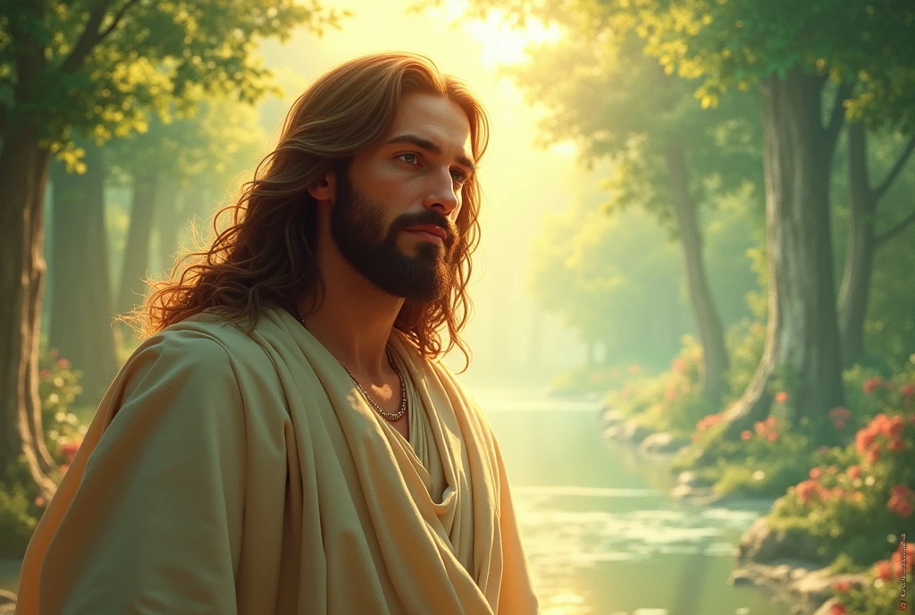Digital painting Watercolor oil painting as Cover design for a book about the story of Jesus Christ in a glory view with title logo for book name Jesus,picturesque appearance as Italian christian imagine Jesus Christ, Jesus Christ looking forward in a glory view,merged effect,The cover should have christian themes,with deep effect background, magnificent magical green park heavenly landscape in heaven background blurred,, Jesus with long brown hair,Jesus looking forward, with Jesus name title logo calligraphy,straight eyes looking,Jesus is in the middle of the book's design ,خلفيه هادئه, unreal engine 5,8k,horizontal design, inspired by Hany rady, happiness and romance color