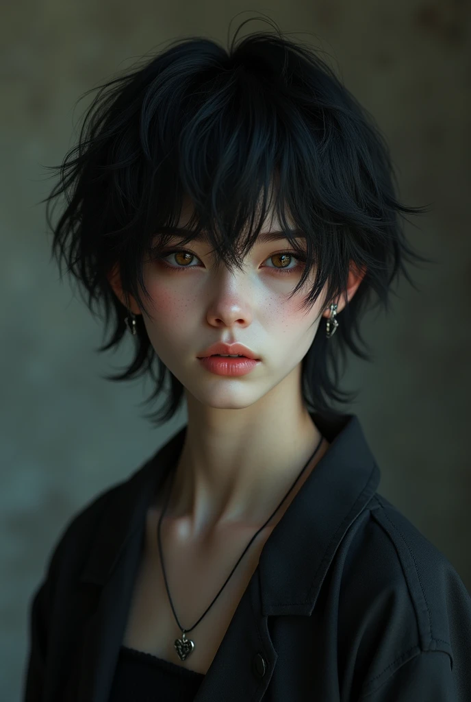 Create a Male, with feminine attributes, with dark black medium length hair and brown eyes, pale skin and freckles, his style being close to "emo"