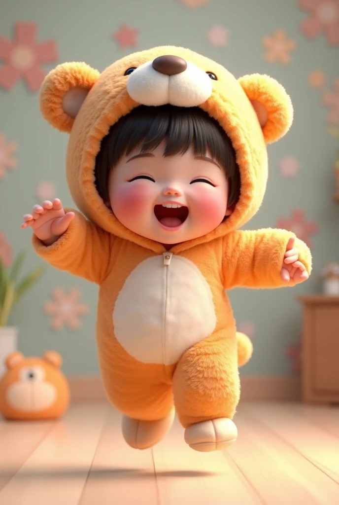 (girl),(()) ,3d images ,Highest quality 8K ,Chubby body shape,((Very fat)),Pink cheeks,podgy,Good mood,((run and play)),((Jumping with joy)),((So much fun)),((Open your eyes.)),Put on a stuffed animal costume,Balanced lighting,blurred background,Middle of the picture