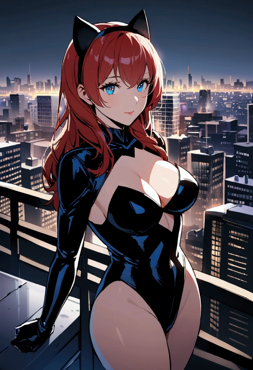 1 girl, medium breasts, leotard, Red leopard with blue details, bare legs, Boots, matching Boots, wifes, city backdrop, Alone, single, standing, full body shot, cowboy shot, beautiful detailed eyes, mature woman, Red hair, by the wide.catwoman costume , bare legs, deep neckline.