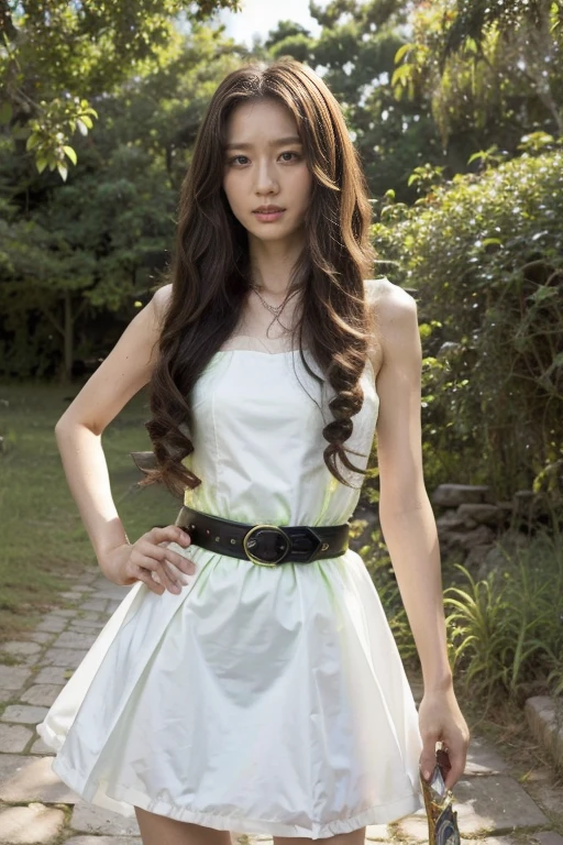 Slime Girl, (Mucus), slime hairstyle long hair, White princess dress with weapon belt, masterpiece, best quality