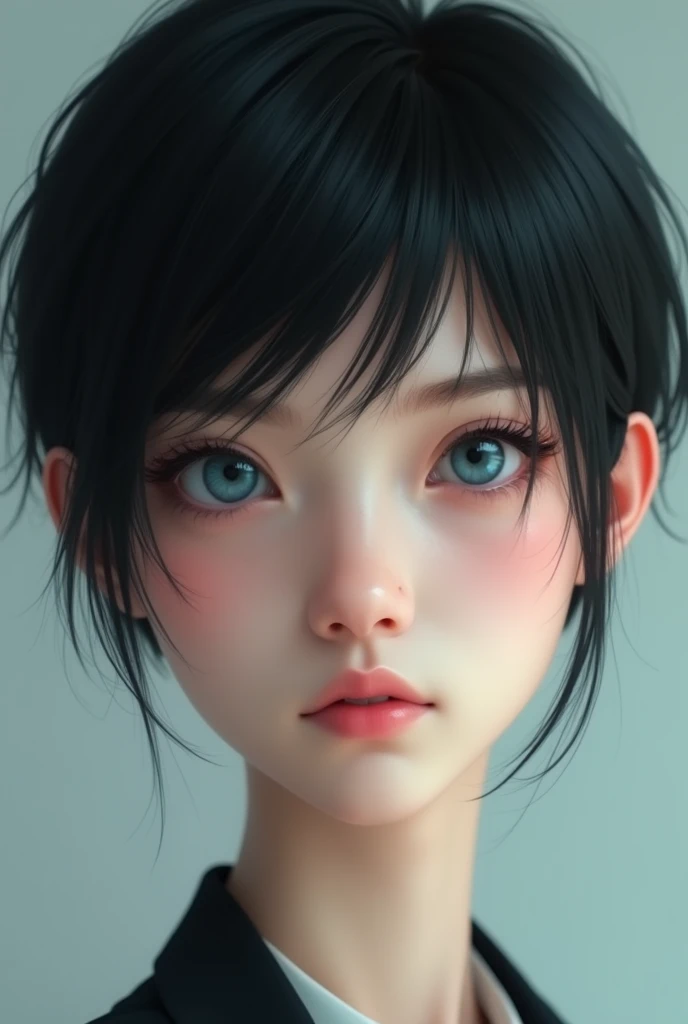 Best Quality: 1.0), (super high resolution: 1.0), thin girl black hair white skin, real short hair, blue eyes 1.5, Photo taken from the front in 4k quality, with uncovered face, realist