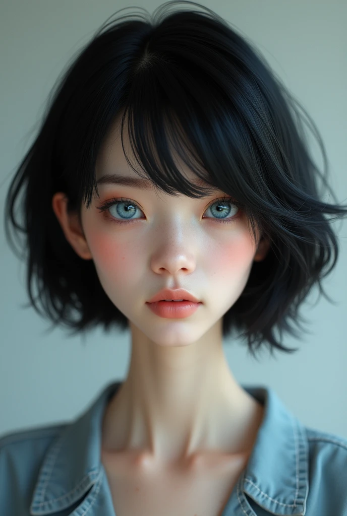 Best Quality: 1.0), (super high resolution: 1.0), thin girl black hair white skin, real short hair, blue eyes 1.5, Photo taken from the front in 4k quality, with uncovered face, realist
