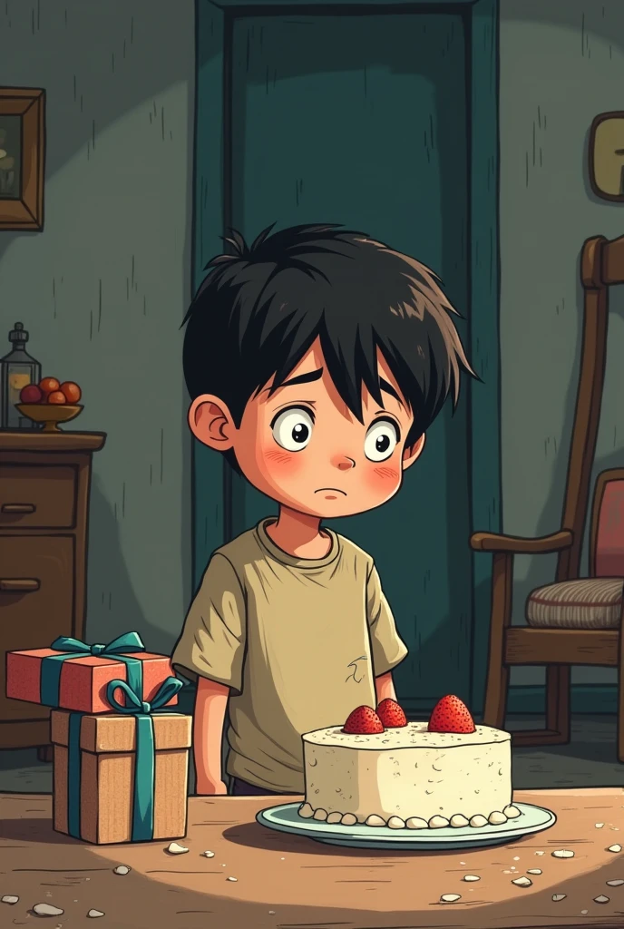 Cartoon of a poor boy disappointed by receiving gifts and cake