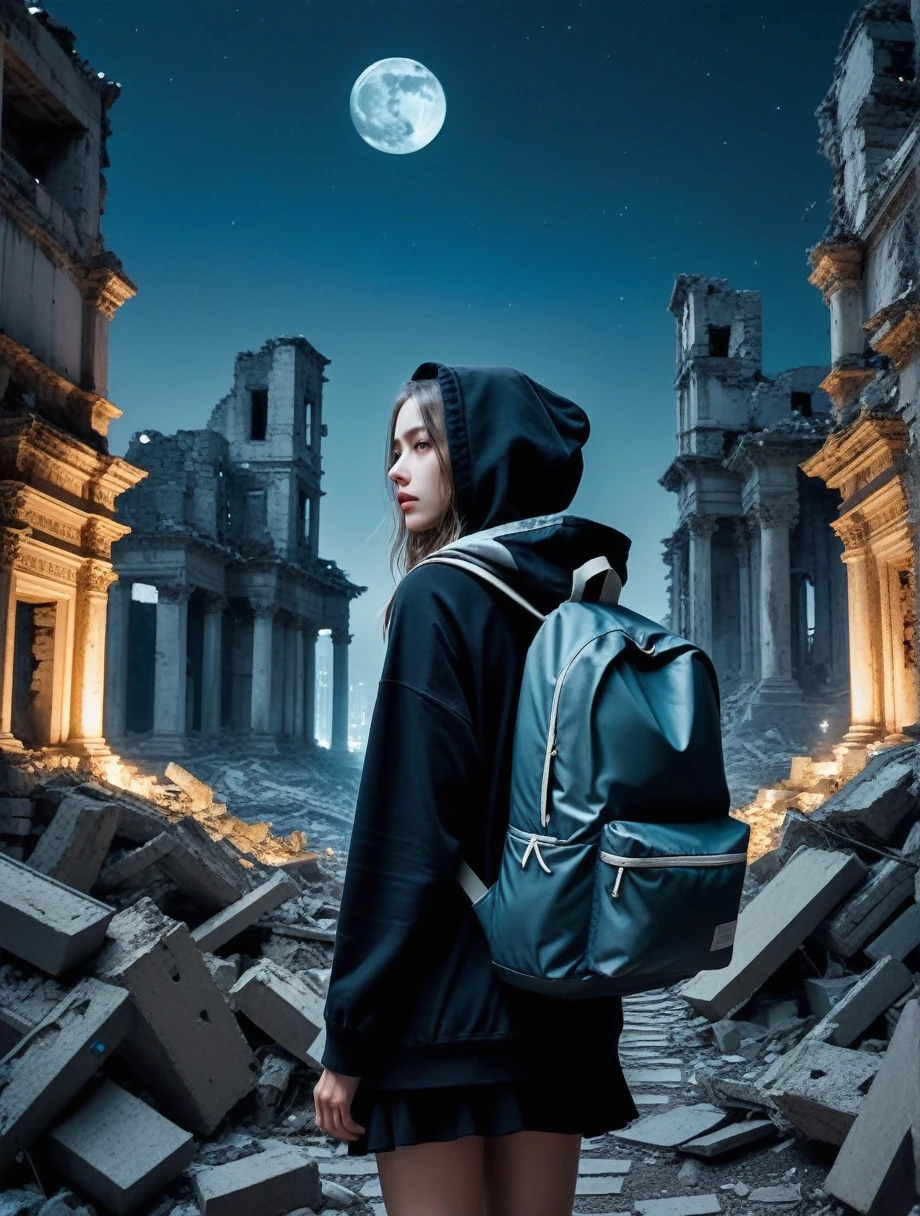 score_9, score_8_up, score_7_up, score_アニメ, masterpiece, best quality, delicate illustration, sharp line, sharp focus, BREAK,Traveler girl wandering in the ruins of endless night, the girl is wearing a hood, a lot of baggage in her backpack., night、City of the Future、Fantastic landscape、Beautiful Landscape、Harmony with Nature