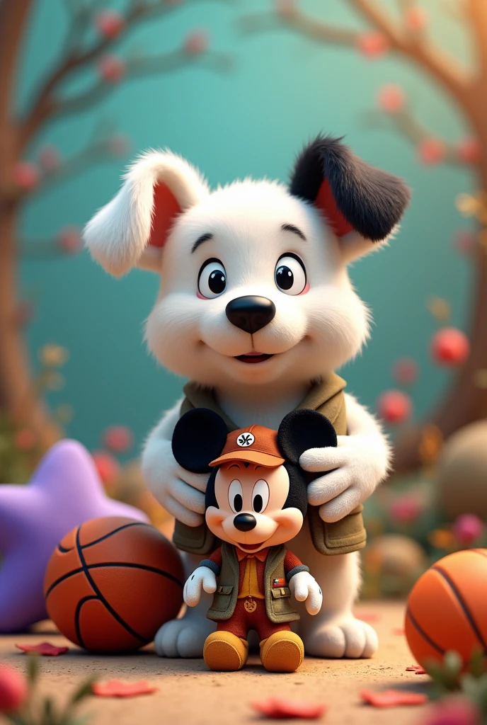 White dog with one black ear holding a Mickey Mouse stuffed animal dressed as a hunter plus a basketball and a purple stuffed star