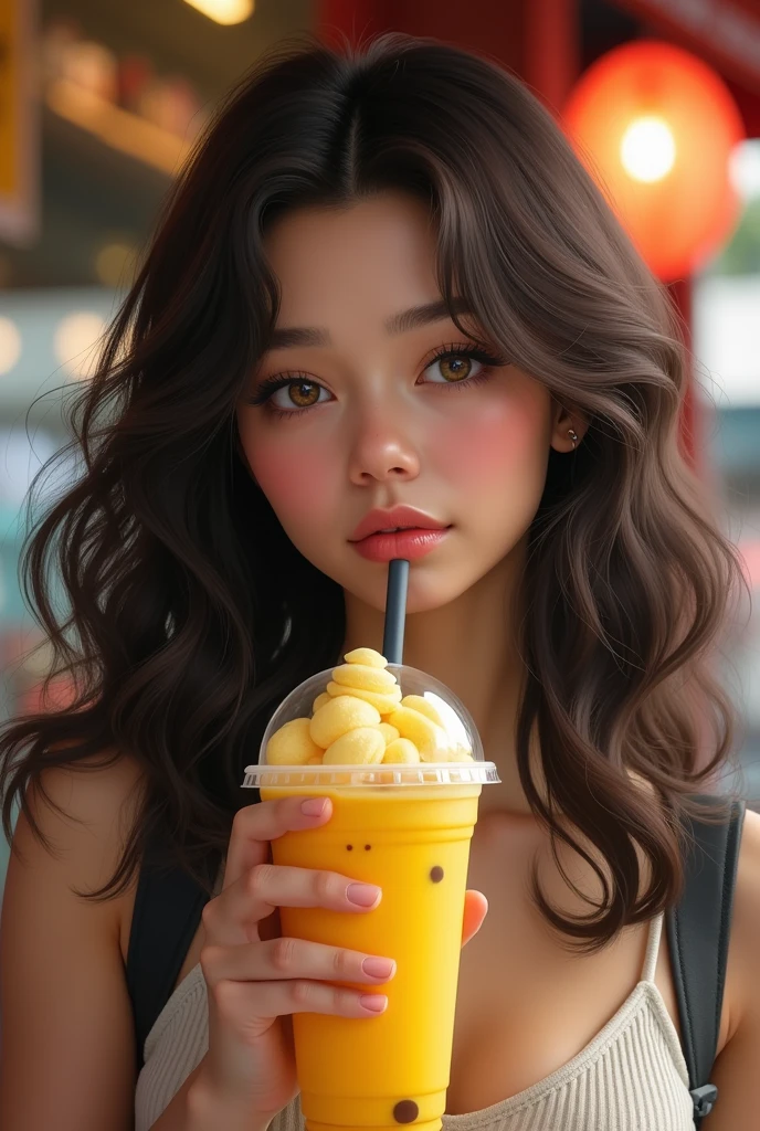 high resolution, masterpiece : 1,2), (realistic : 1,37), (best quality, high resolution, ultra-detailed girl, realistic) Fille aux yeux marrons verts (noisettes) and very dark brown, wavy, almost curly hair with mixed-race skin. Elle tient dans sa main un bubble tea jaune. On voit derrière elle des magasins mais il sont floutes. Sa peau est métis, elle habite en France elle n'est pas chinoise.