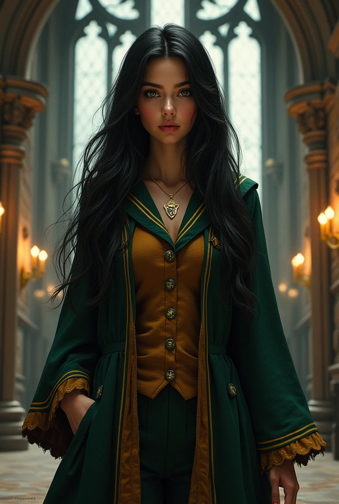 Green eyed girl, latina, and black hair, Gryffindor uniform