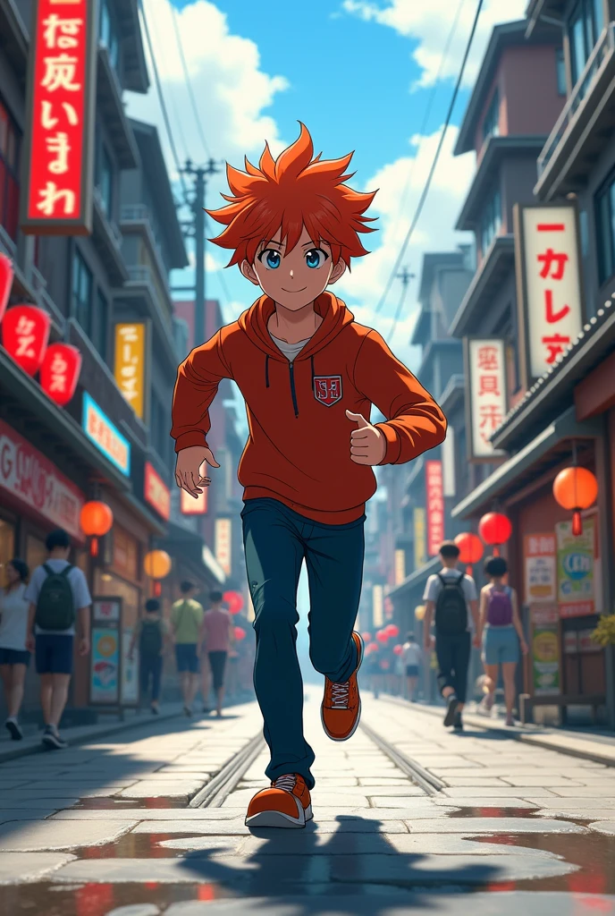 Adult boy red hair, blue eyes running through the streets of japan, 4k, HdR 