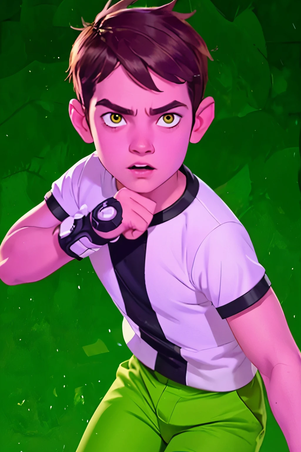 Movie poster, Ben 10 (((A child, 4yo ))), brown eyes, (((wearing a white outfit with black stripe in the center, green large pants))) , showing fist. (Omnitrix on arm)) . (Action facial expression ) . highy detailed, face detailed, realisitic, cinematic lighting, studio quality, proffesional, face detailed, intrikate, bright coloured. ((abstract lighting background)).