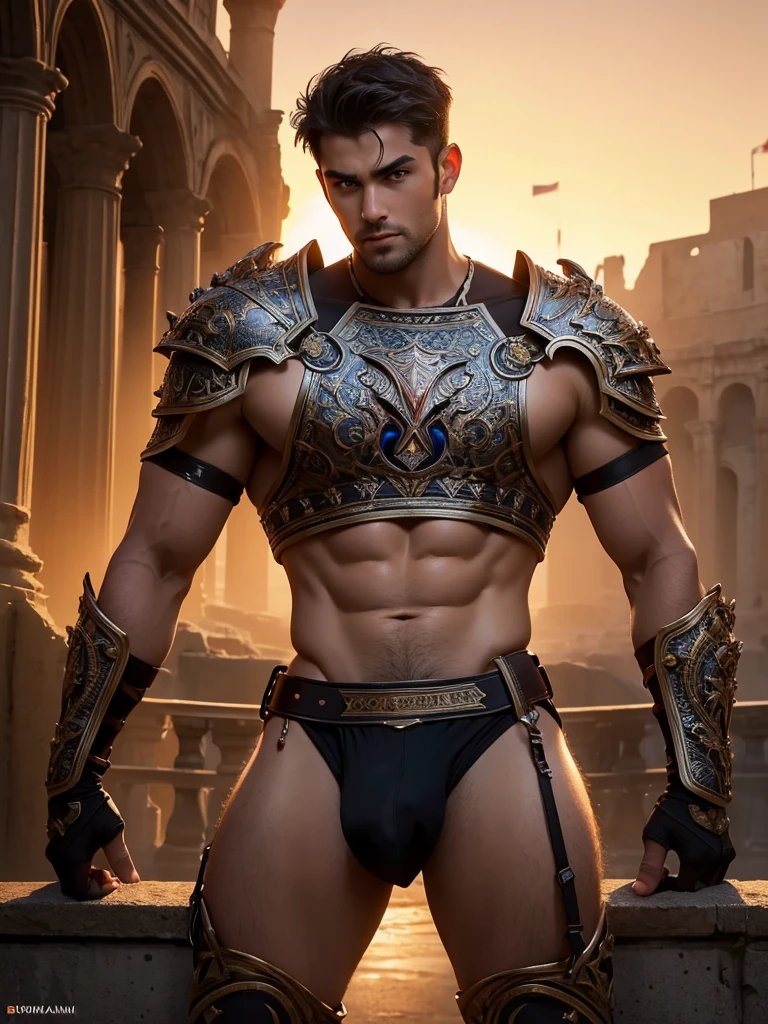 (best quality, masterpiece, ultra detailed:1.2), Mighty gladiator, chest uncovered, lower body revealed from thighs to feet, short hair, Background: Colosseum during a spectacular sunset, handsome male, detailed black eyes, sexualized, erotic, majestic, specular lighting, rim light, sweat, homoerotic, underwear, sword in hand, battle ready,