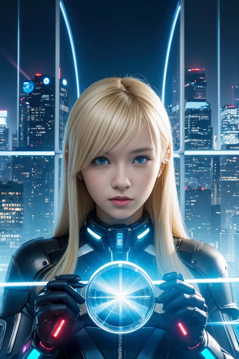 Cybernetic skyline with flying cars and holograms, reflecting a futuristic anime realm.The image features a young woman with blonde hair and a surprised expression, holding a magnifying glass up to her eye.