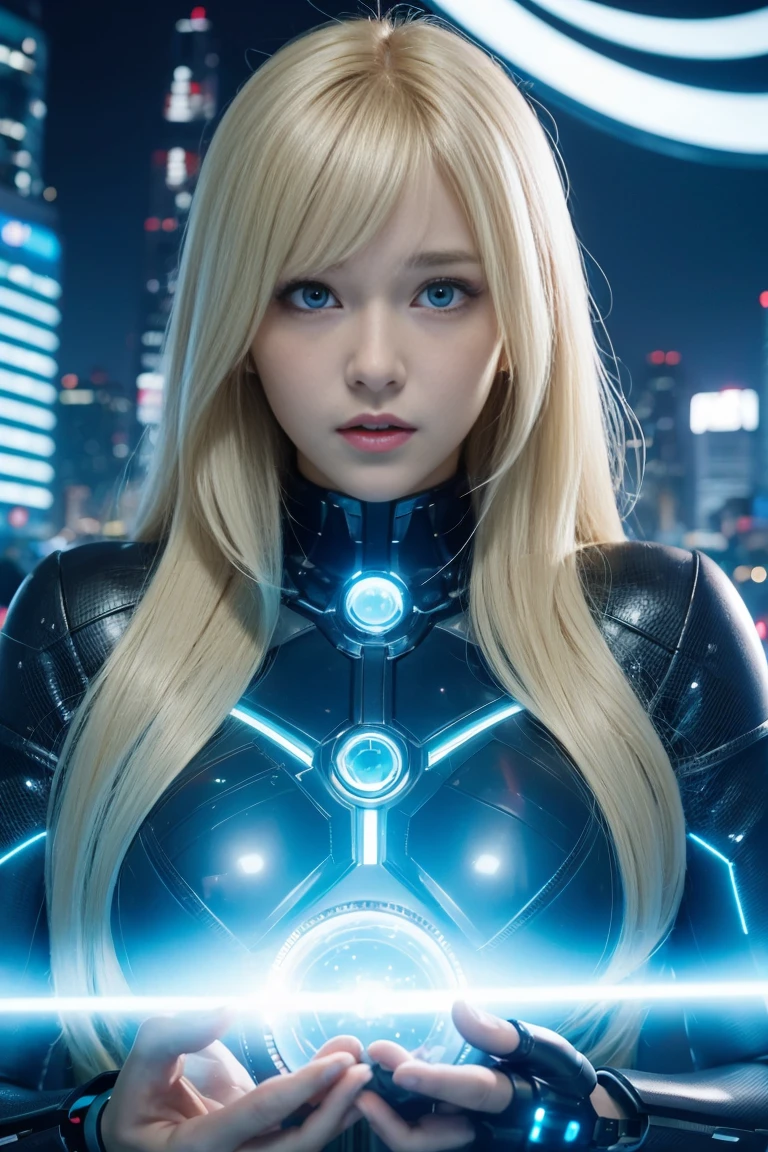 Cybernetic skyline with flying cars and holograms, reflecting a futuristic anime realm.The image features a young woman with blonde hair and a surprised expression, holding a magnifying glass up to her eye.