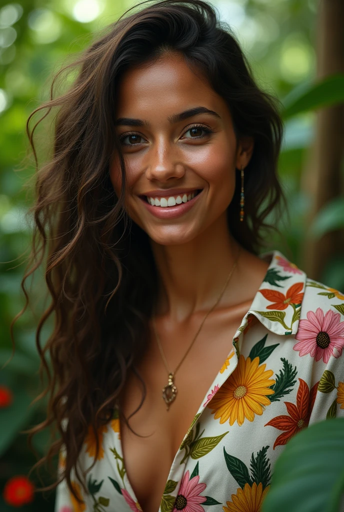 A Brazilian woman in a lush tropical garden, wearing an open shirt with a floral print, with a close-up capturing the harmonious beauty between her breasts and the natural flowers, showing off your natural charm and outgoing personality.