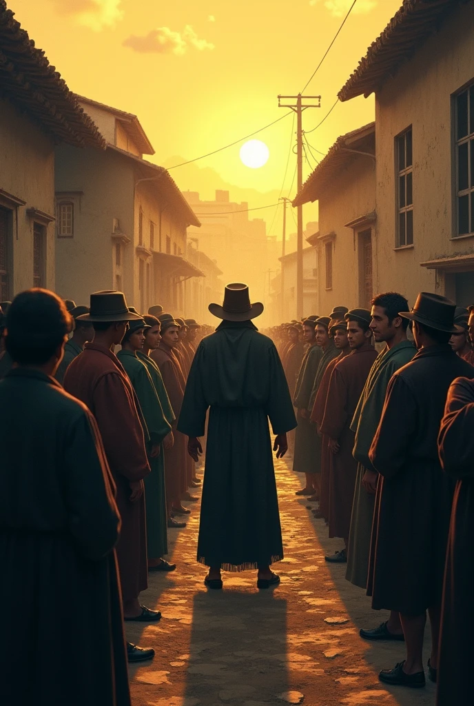 Image 10: The distribution of the elixir**
**Description:** Melquíades begins to distribute the elixir to the villagers. The image shows people standing in lines., waiting to receive the cure. The atmosphere of the scene is one of expectation and hope., with a slight change in colors that reflect the dawn of a new day in Macondo.
