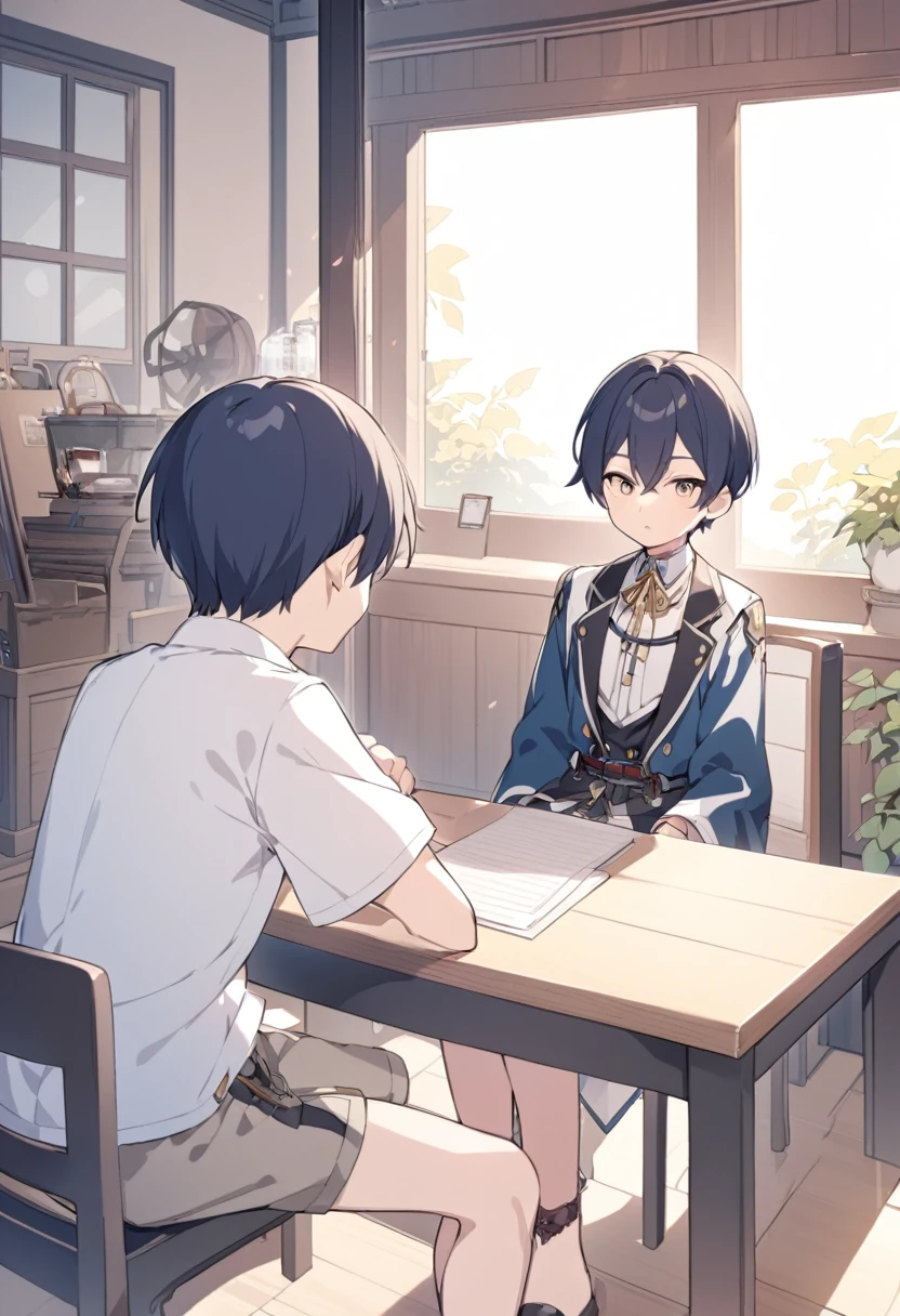 anime, boy, sit, chair, table, front view