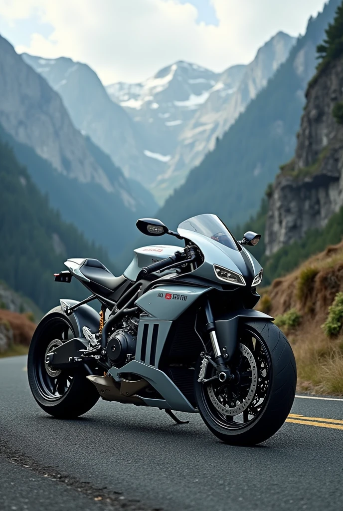 (Custom Sport Bike "AUDI"), (company logo in large characters in the center of the photo), Commercial photo shoot, epic landscapes all around...,  Highly Detailed Features, Insanely ultra realistic, insanely photo realistic, Insanely high overall quality, insanely high detail, insanely high overall resolution, Insanely high overall sharpness, Insanely high overall quality текстур,