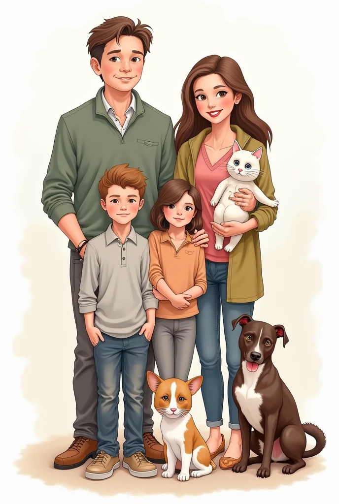 Drawing of a family consisting of a man, a one woman, a female child and a male child, a baby, a dog and a cat. Make the figure as if they were all posing for a photograph.
