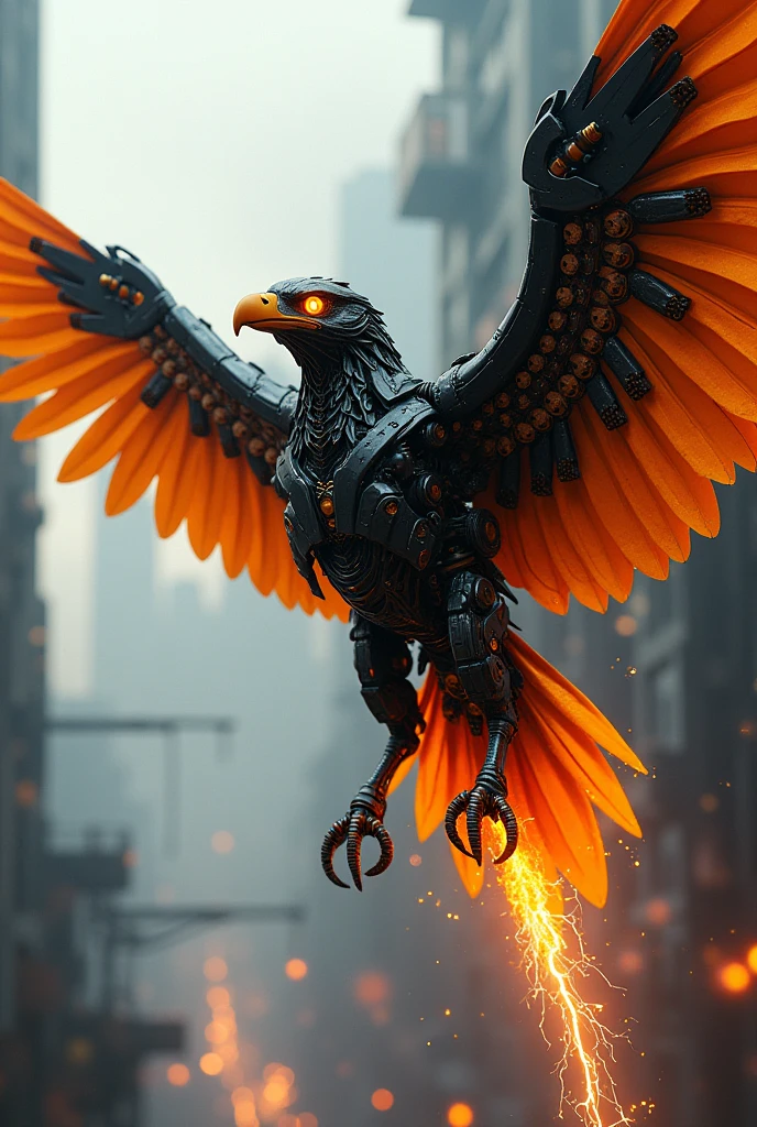 A black-orange mechanical eagle shoots rays from its eyes