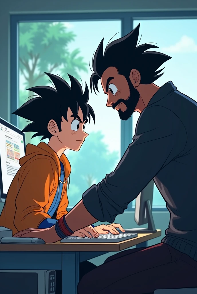 two adult brothers of 20 years old but with different appearances, dragon ball style with pokémon, but one brother has lighter skin, dark hair, only has a mustache and the other brother has a full beard and is brown with dark clothes using a computer, also inserting computing and windows , have computer science in the background