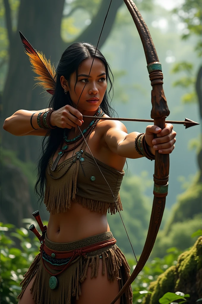 Native American woman hunting with a bow and arrow