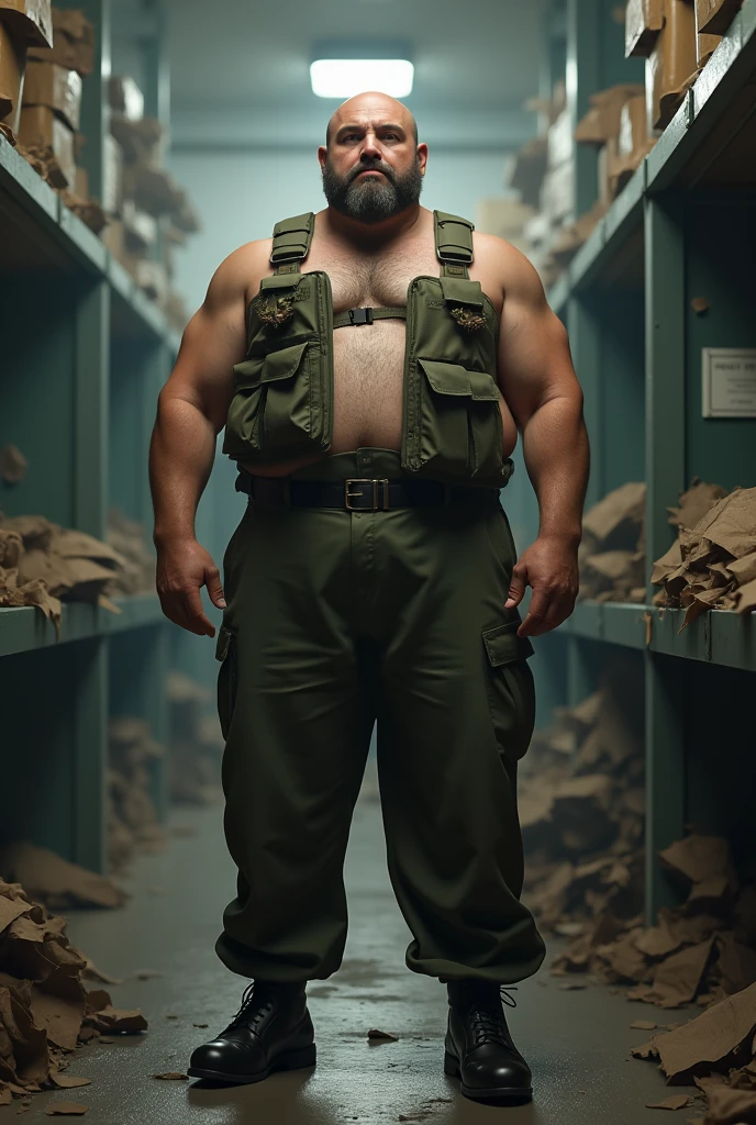 ultra realistic 8k, a 2 white man of Russian descent, ultra-reslist army major, Does not have a beard. Physique corpulent and robust de 2,30 meters high(Realist 8K). He wears Brazilian army pants and a heavy vest.(detailed 8k) wearing no shirt .he is in a barracks.