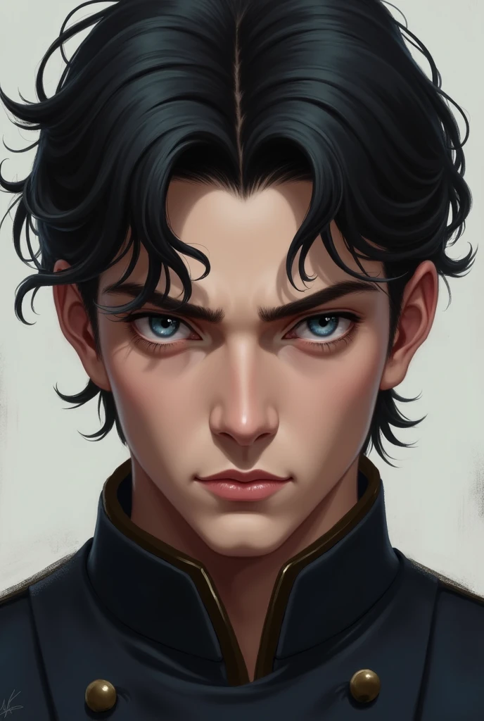 A young prince with black hair, blue eyes, a scary look, a beardless face, more mature